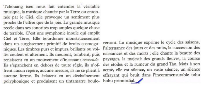 Texte de Jean Levi, dans « Propos intempestifs sur le Tchouang-Tseu », p. 62, Ed. Allia